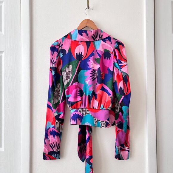 Hutch Pace Top Zany Floral Satin Wrap Blouse Purple Multi Size M - Picture 7 of 8